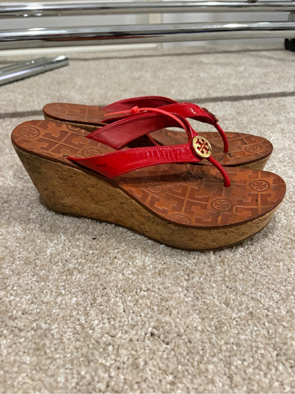 Tory Burch Red Patent Cork Wedge Flip Flops